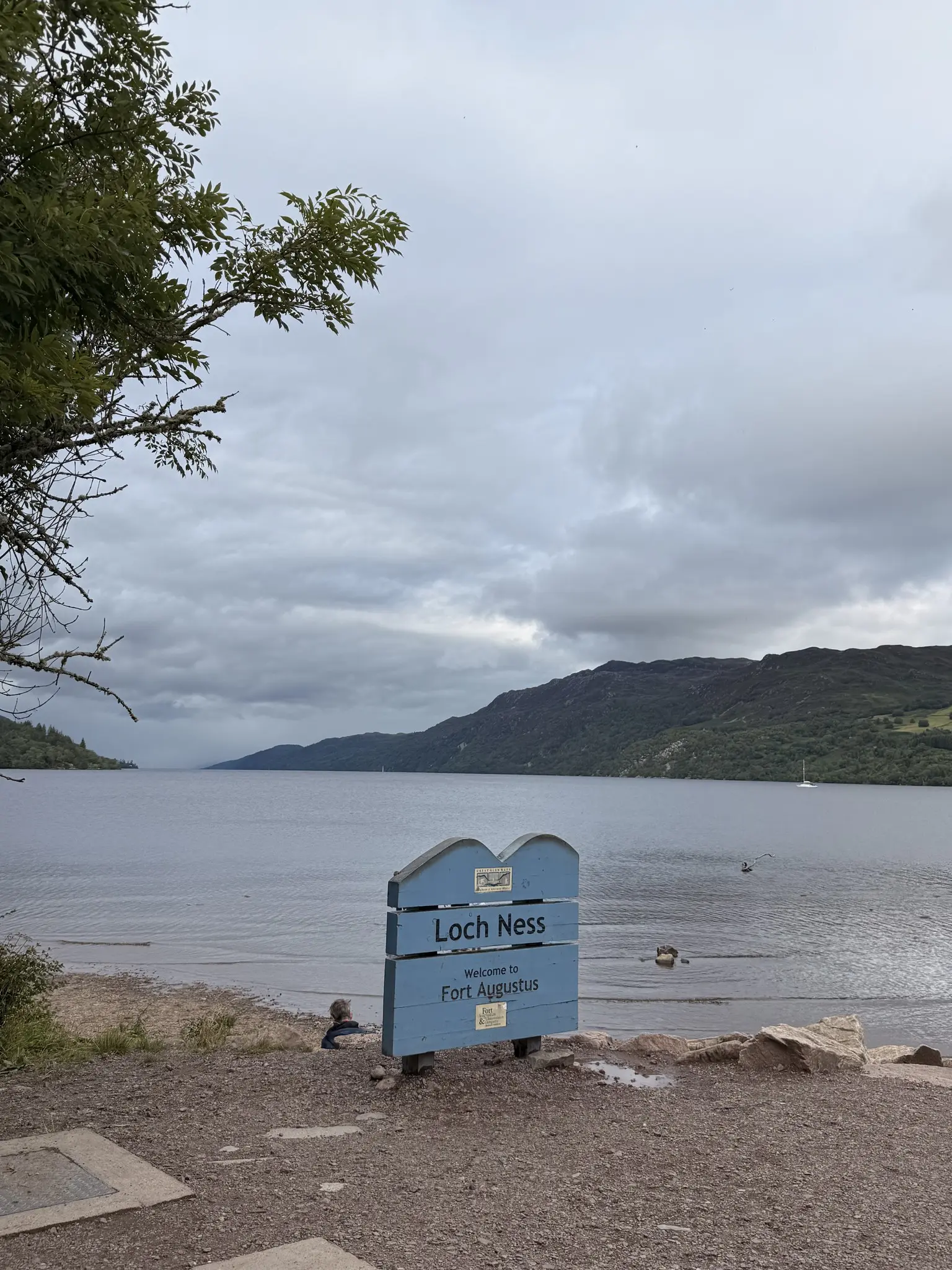 Loch Ness sign at Fort Augustus, Scotland on a cloudy day