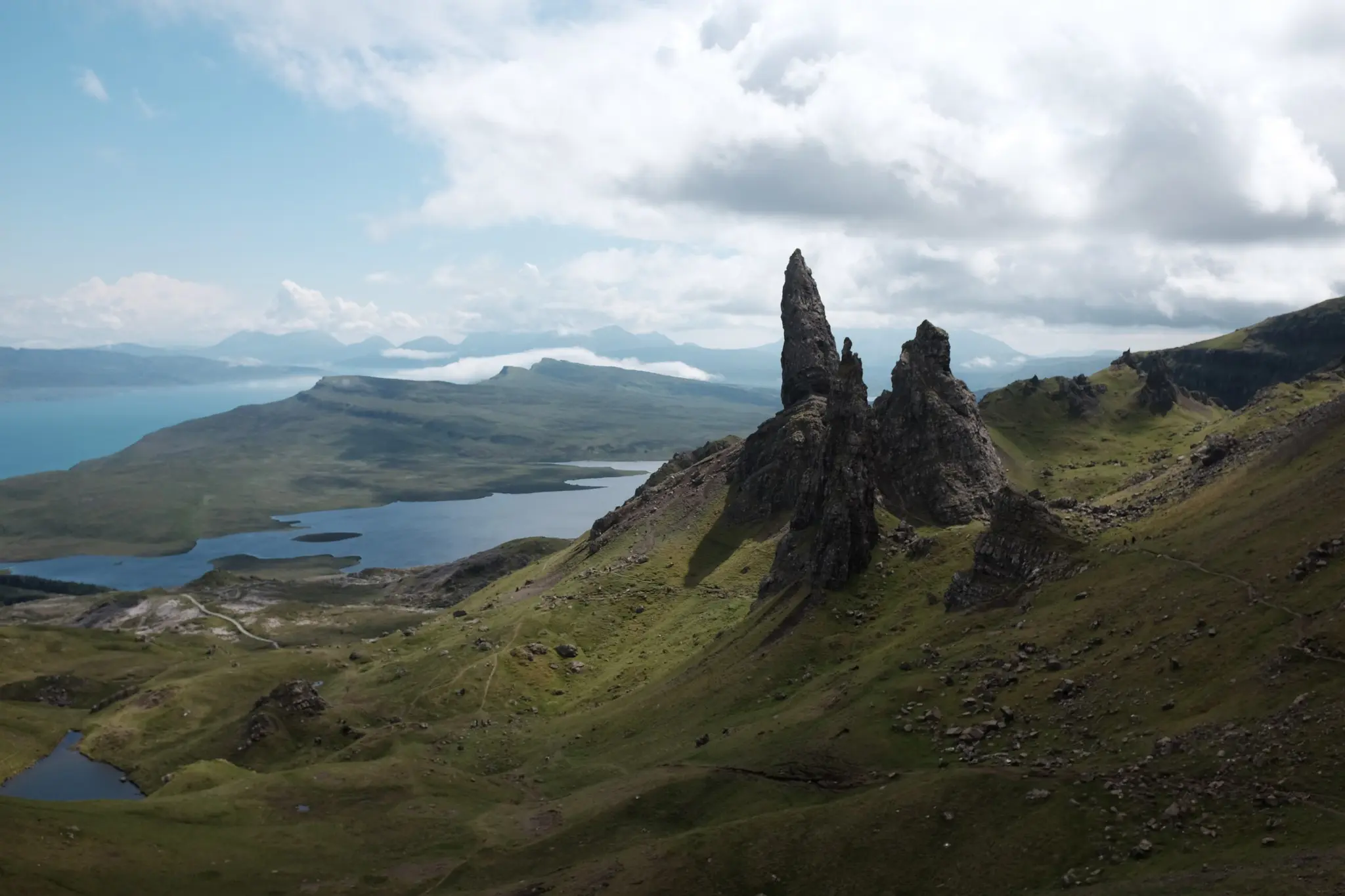 drone shot of old man of storr rock formations in Scotland